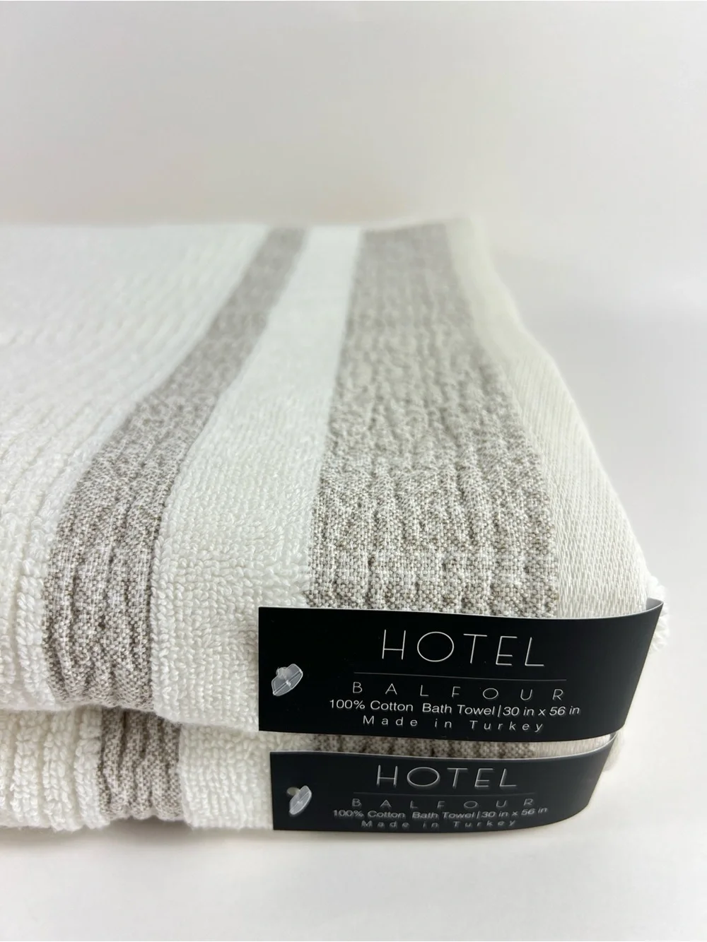 Hotel Balfour BathTowel Set White Tan Stripe Fringe Soft Turkish Cotton 2 Pc NEW